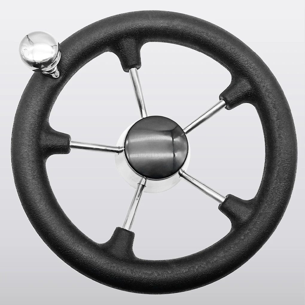 Boat Accessories Marine 11/13.5 Inch stainless steel 5 Spoke Destroyer Steering Wheel with Black Foam Grip and Knob