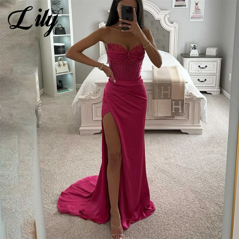 Lilie Fuchsia Abendkleid Meerjungfrau sexy Perlen Ballkleid Satin Falte Schatz Seite Split Hochzeit Abendkleid Roben de Soirée