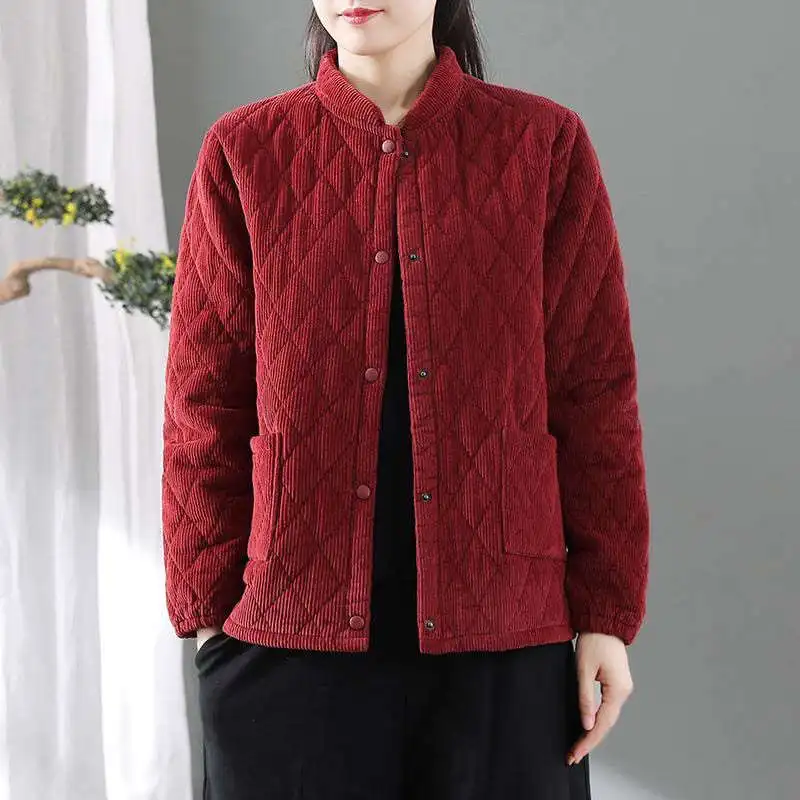 

Women's Cotton Coat Parka Retro Corduroy Coat Cotton Stand Up Collar Autumn Winter Jacket Keep Warm Short Cotton Overcoat