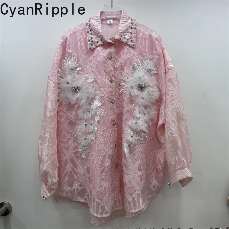 Age Reduction Pink Female Blouses 2026 New Spring Summer Diamonds Flowers Beading Loose Cardigans Top Lantern Sleeve Shirts