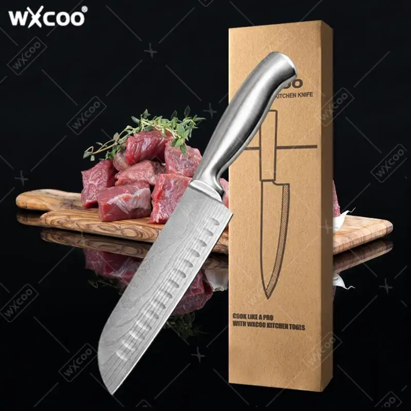 WXCOO Full Stainless Steel Knife Cooking Fruit Utility Knife with Box Santoku Knife Damascus Laser Pattern Cleaver Knife 7inch