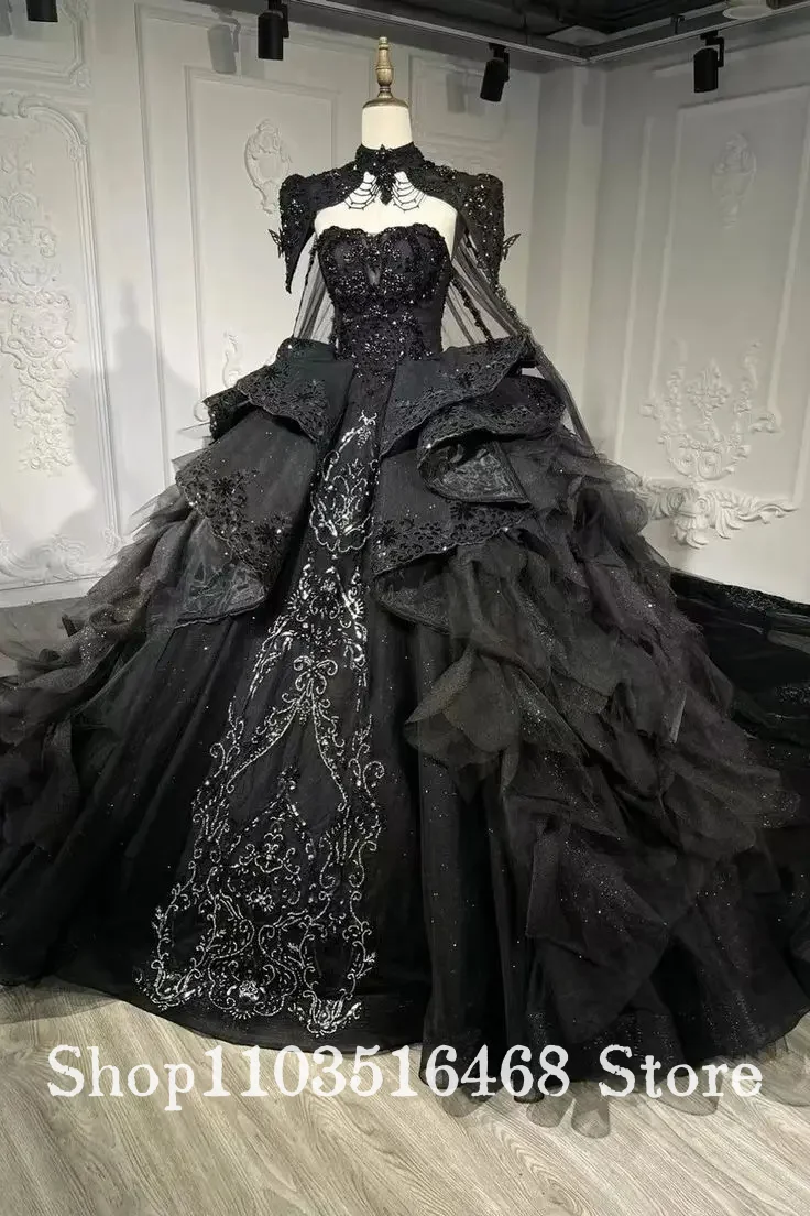 Maßgeschneidertes 2025 Schwarzes Tüll Quinceañera-Kleid Süßer Hoher Kragen Kristall-Applikation Quinceañera-Ballkleid Vestidos De 15 Quinceañera