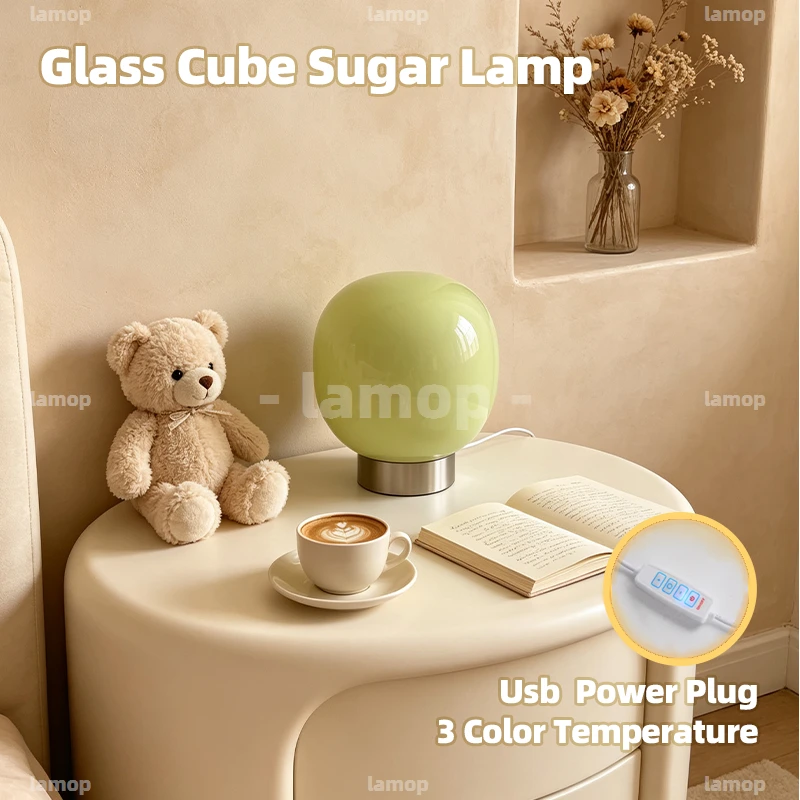 Glass Sugar‑Globe Shade Table Lamp Cream‑Aesthetic 3 Tone Soft Aura Bedside Shelf Decor