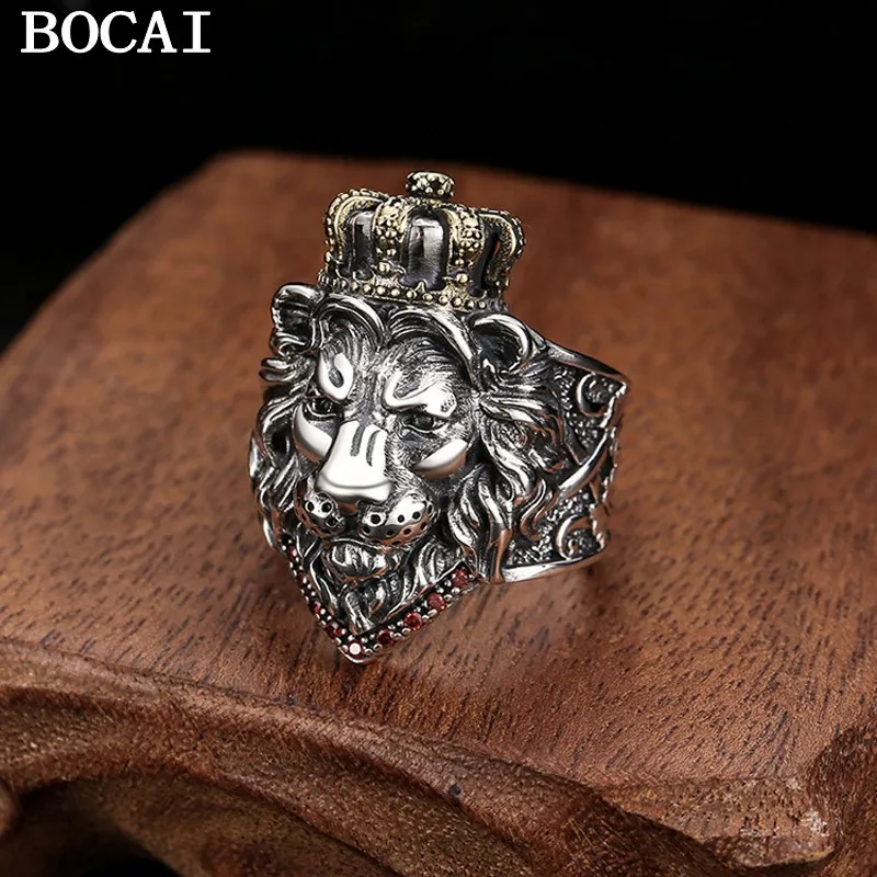 

BOCAI NEW S925 Silver Domineering Lion Ring Man Cross Opening Adjustment Personality Man Ring
