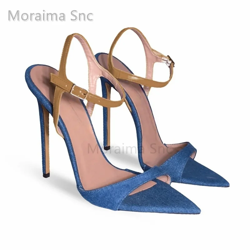 

Mixed Colors Denim High Heels Sandals Women Pointed Toe Stiletto Patchwork Buckle Strap Shoes Elegant Dress Party Summer Shoes