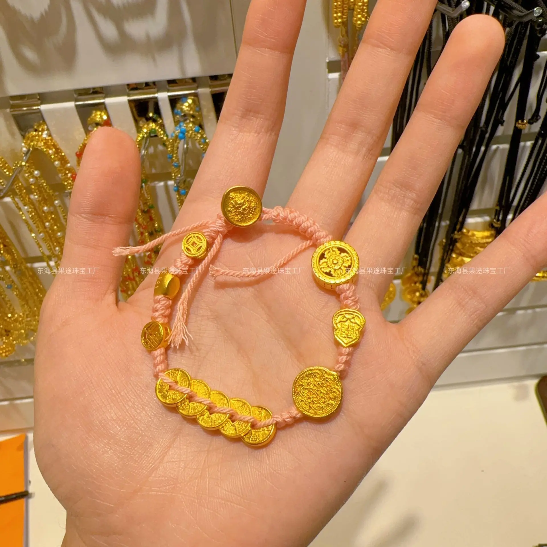 

Plated Genuine Strong Preservation Ancient Method Sand Gold Five Emperors Coins Ingots Wrapped With Pink Rope Girls Gift