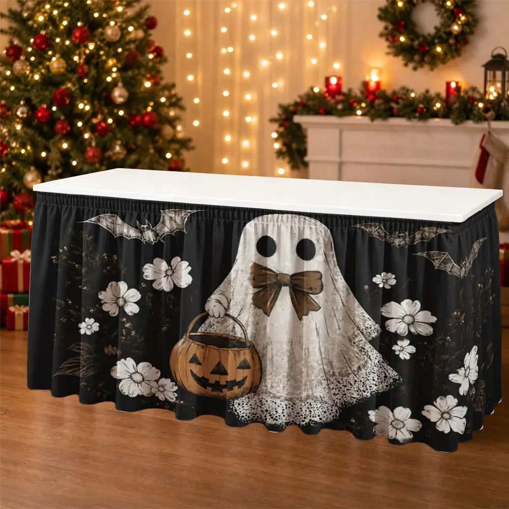 One Halloween party table skirt, featuring 2D flat ghost with pumpkin bucket, flower and bat patterns.