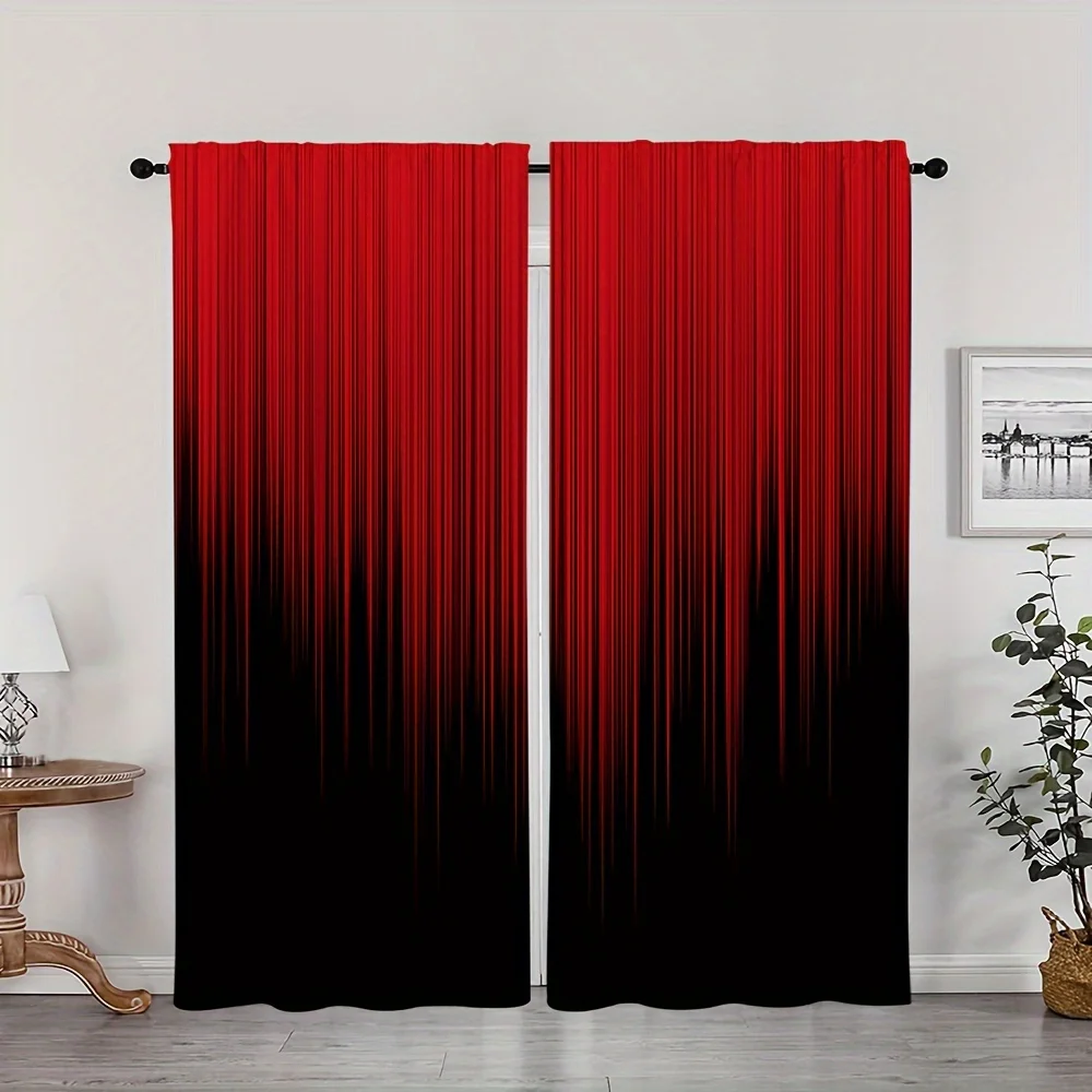 2pcs Red Black Gradient Stripe Design Printed Window Curtain For Bedroom, Office, Kitchen, Living Room, And Study Rod Pocket Win