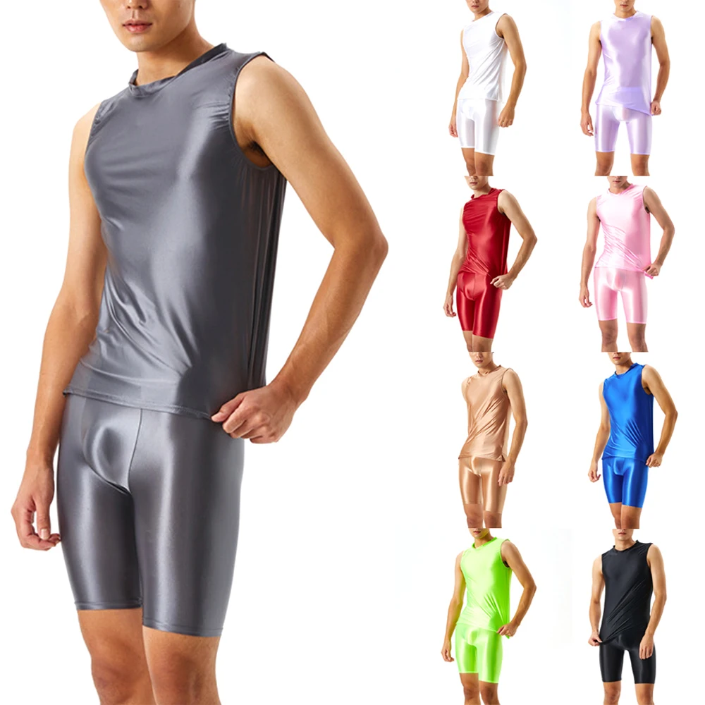 

Shiny Sexy Mens Undershirts Oil Glossy Tank Tops Sports Fitness Stretch Vests Sexy Yoga Shorts Swimming Trunks Men Clothes Set