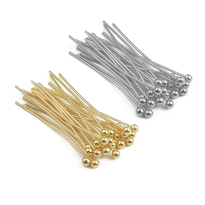 50Pcs/Lot Brass 18K Real Gold Plated Round Ball Head Pin 50mm Needles For DIY Handmade Jewelry Earrings Necklace Making Supplies