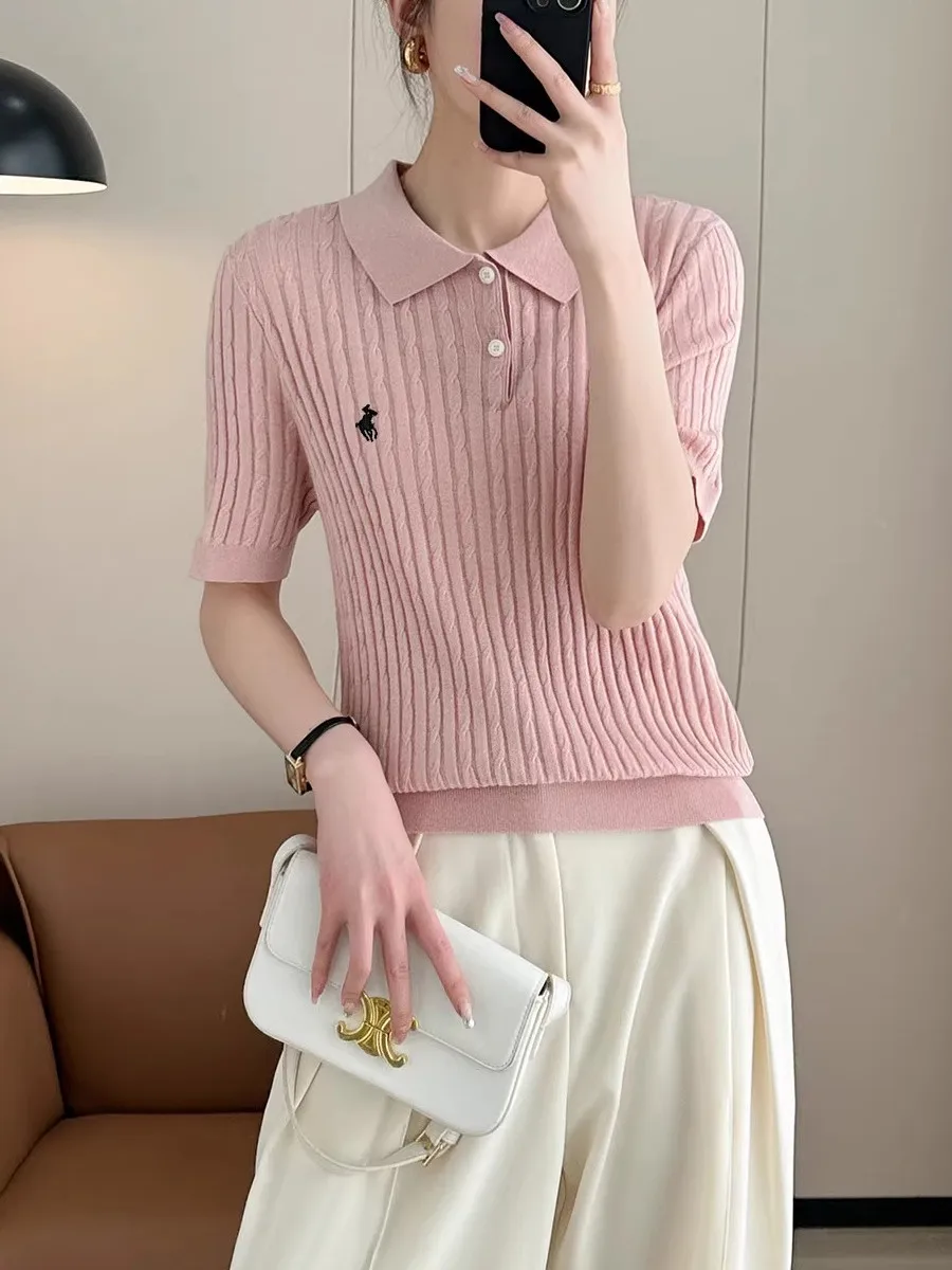 

Утягивающая ор Све, трикотажная футболка из ледяного шелка, женская летняя тонкая футболка с пуговицами, корейский дизайн для поездок на работу, большие размеры