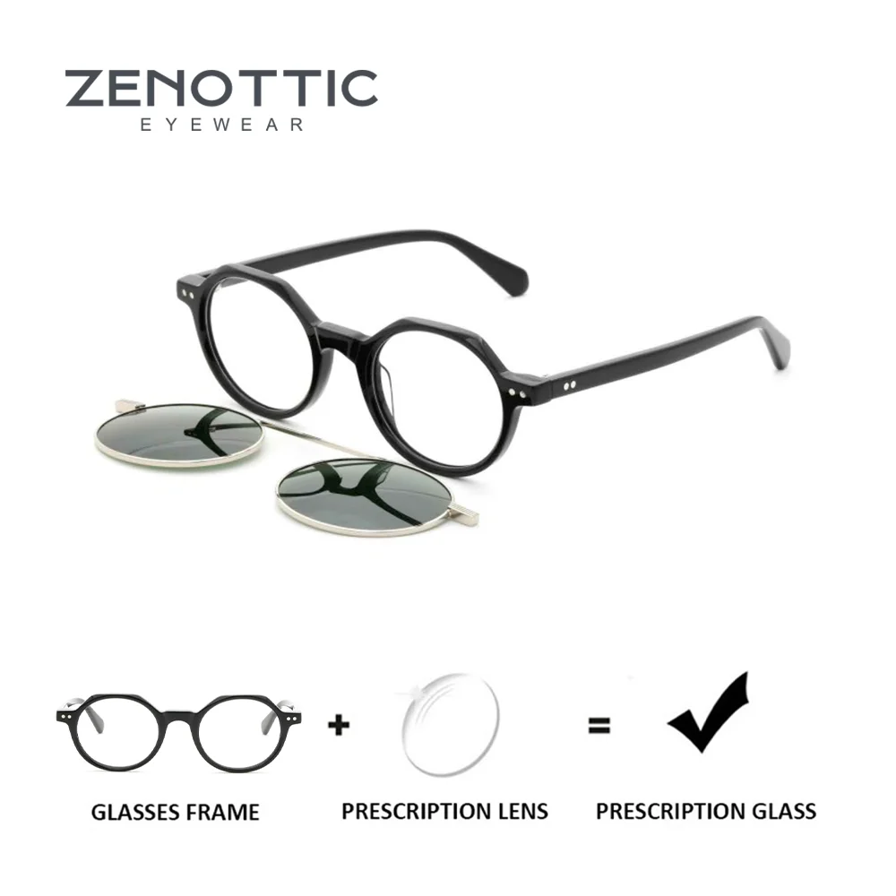 ZENOTTIC Magnetic Clip On Prescription Glasses Round Acetate Frame for Men Women Sun Glasses Attachment Myopia Lenses