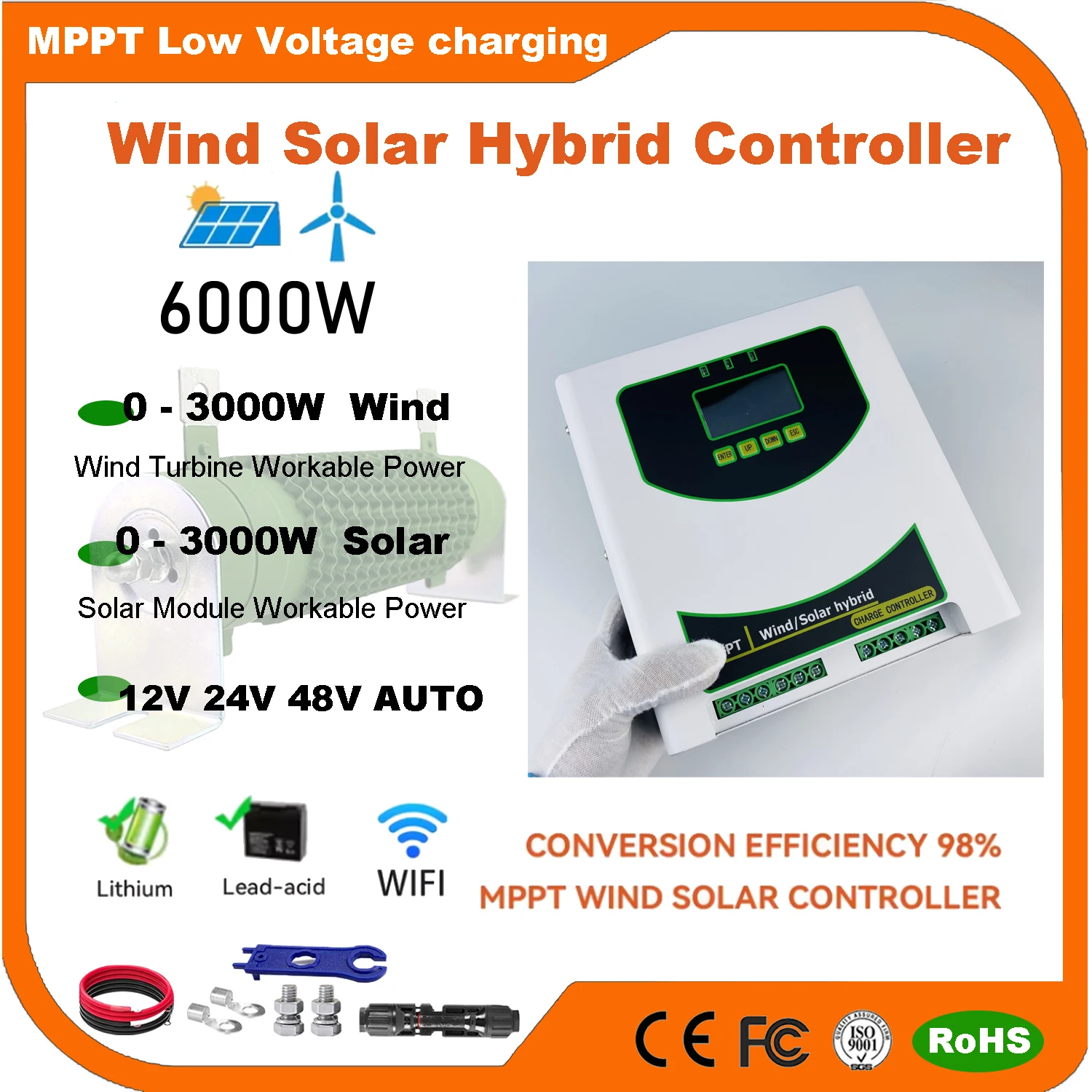 

12 В 24 В 48 В 6000 Вт Встроенный Wi-Fi гибридный контроллер зарядки солнечной энергии ветра MPPT ветровая система Lifepo4 литий-свинцово-кислотная батарея