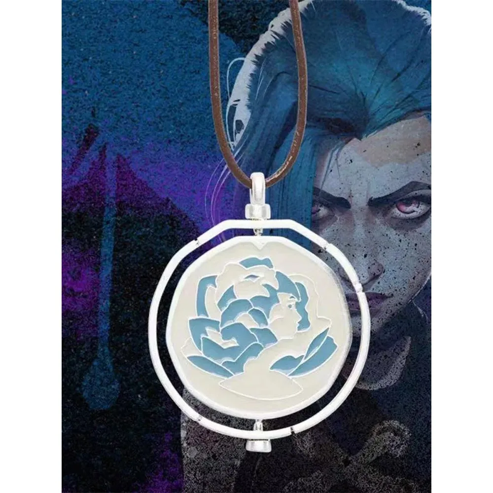 Ekko Jinx Necklace Anime Rotating Blue Pink Rose Pendant Sweater Chain For Women Men Cosplay Prop Fans Girls Gift