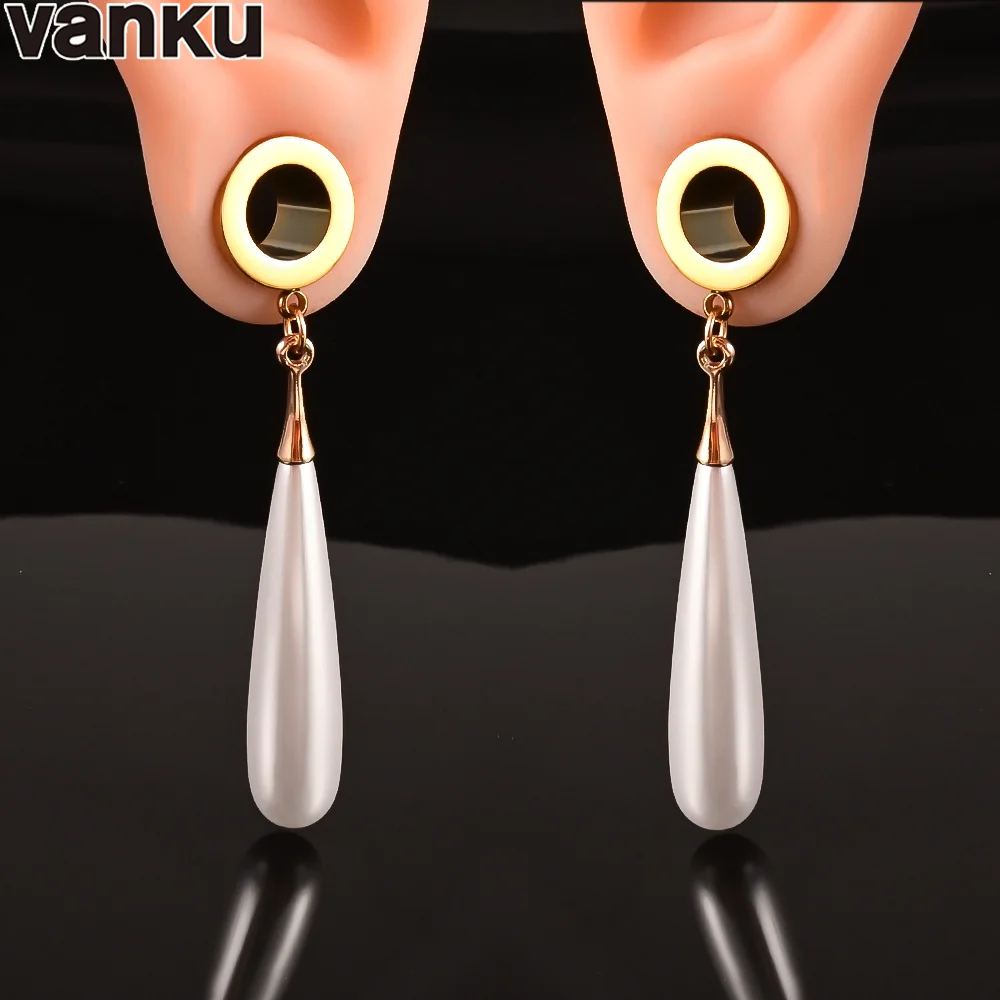 Vanku 2pcs New Water Drop Pearl Dangle Ear Plugs Tunnel Stainless Steel Expander Body Piercing Jewelry Fashion Ear guages