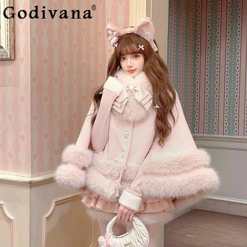 

Japanese and Korean Sweet Princess Style Pink and White Capes Winter New Women's Elegant Fashion Plush Loose Jackets Ponchos