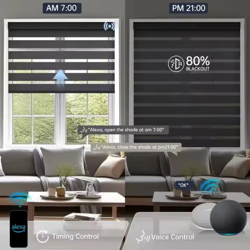 Customizable Blinds 100%Blackout Waterproof Fabric RemoteControl Connect Your Phone Homekit Motor Motorized Zebra Blind For Home