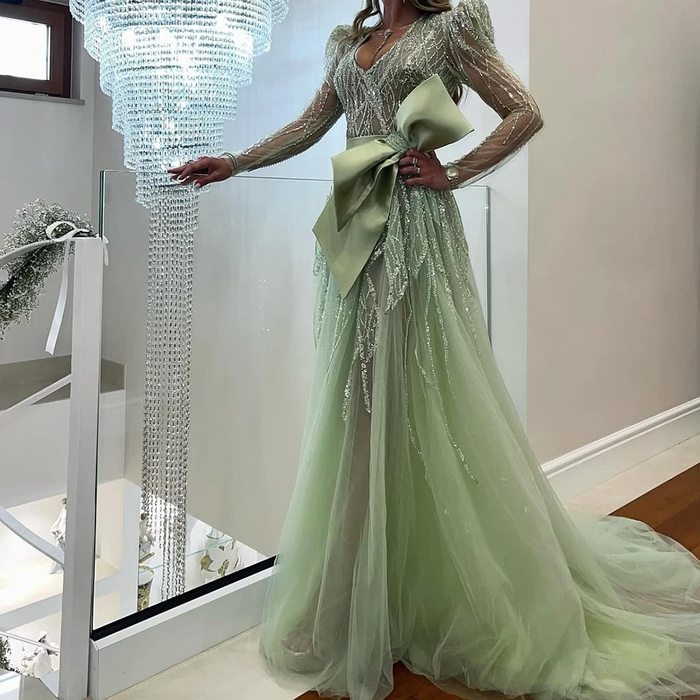 

Customized Mermaid Evening Dresses Floor-length V-neck Full Sleeve Prom Gown Simple Fashion Sequined Draped Exquisite Party Gown