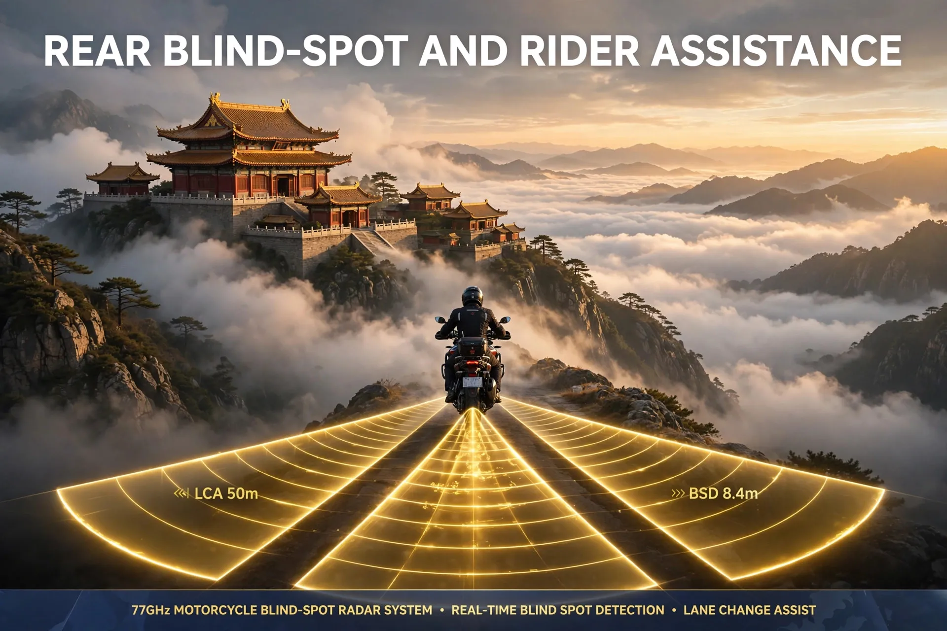 Motorcycle Rear-Guard Radar System [Cloud Temple] – 77GHz Blind Spot Monitoring, Mirrored LED Pair, TTC≤5s Warning, All-Weather