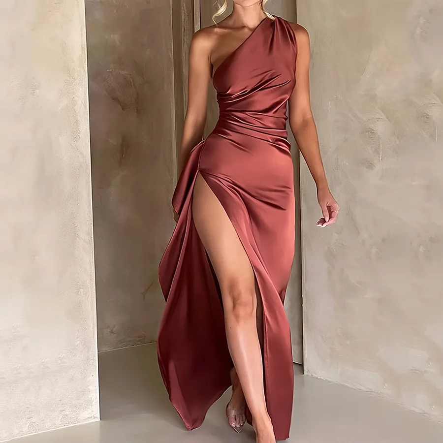Robe longue en Satin pour femmes, asymétrique épaule dénudée, Sexy, sans manches, fente haute, dos nu, robes de soirée élégantes, robe de Cocktail, été