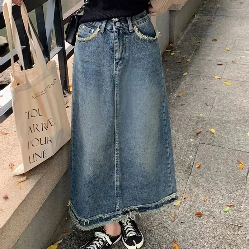 

Retro Layer Rough Selvage Spliced Midi Skirts Spring Autumn High Waist Female Clothing Aura Bag Hip Button Chic A-Line Skirts
