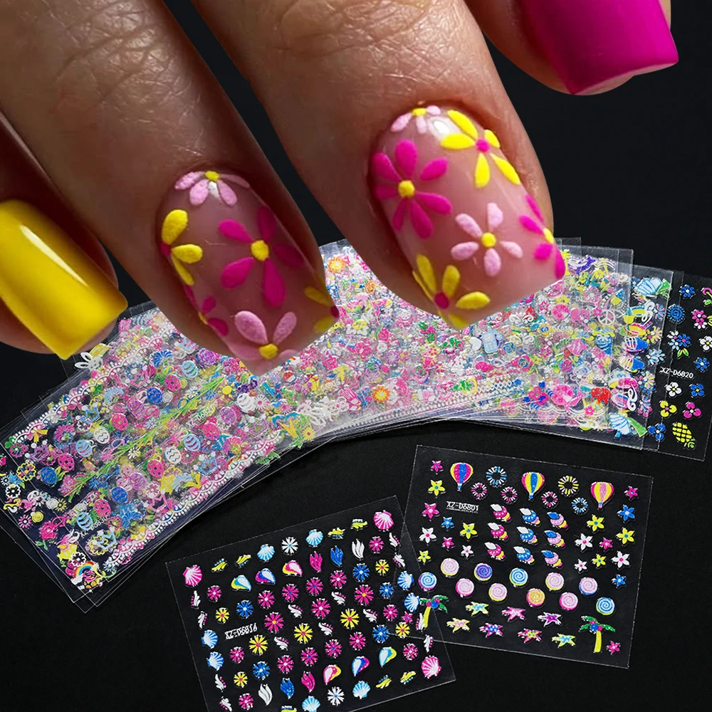 

30pcs/set Mixed Flower Bows Pattern Nail Stickers 3D Colorful Glitter Daisy Love Butterfly Fish Nail Slider 5.2*6.2cm Nail Decal