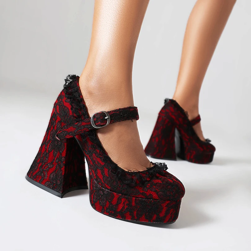 Lace Printed Fabric Platform Ultra-High Conical Heel Shallow Fashion High Heels Buckle Floral Fabric Elegant And Sexy Pumps