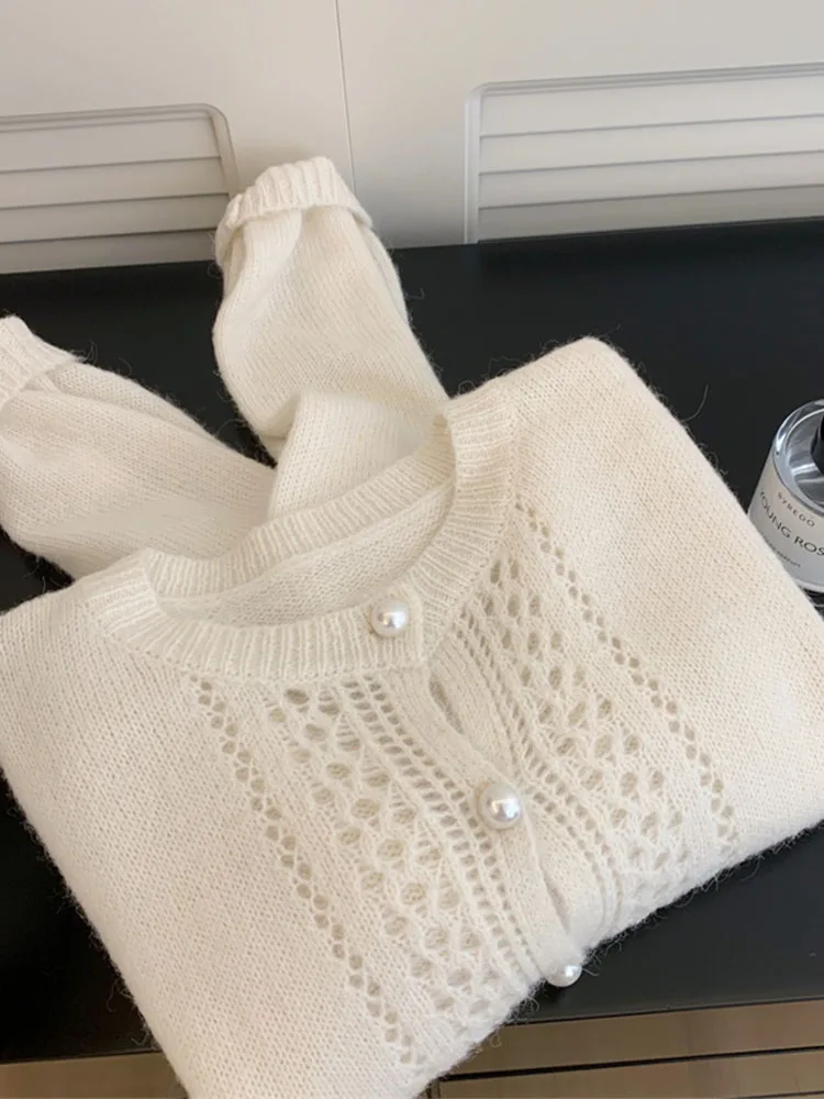 Korean Autumn Winter White Cardigans Pearl Single Breasted Cozy Mohair Sweater O-Neck Knitted Jumper Fashion Casual Mori Girl