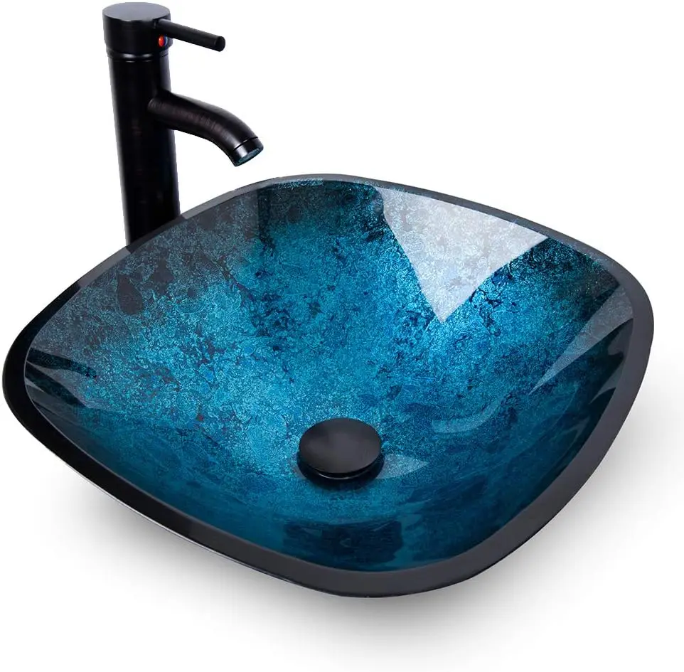 

Blue Tempered Glass Square Vessel Sink with Faucet and Pop-up Drain for Modern Bathroom
