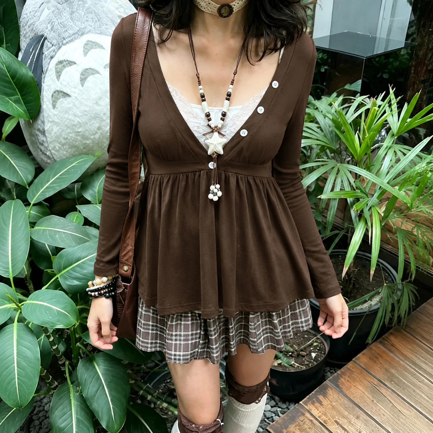 [RUOKE] Y2K Coquette Top Women Long Sleeve V Neck Lace Bow Layered Babydoll Shirt Vintage Streetwear Cute Going Out Top Fall New