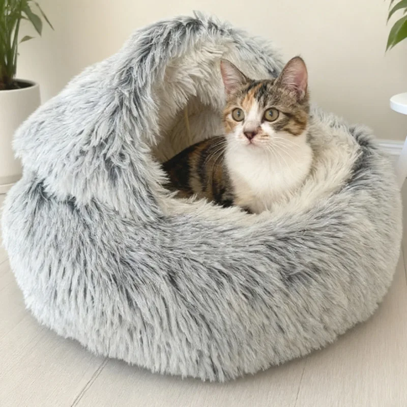 

Autumn Winter Soft Plush Cat Bed Semi-Enclosed Shell Nest Warm Cozy Pod For Cats & Kittens, Small Dogs Sofa Home Christmas Gift