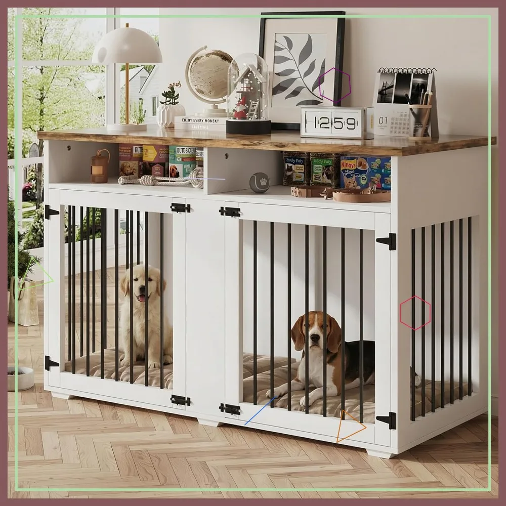 

55'' Wooden Dog Crate Furniture for 2 Dogs with Storage, Indoor Kennel for Large/Medium Pets, White