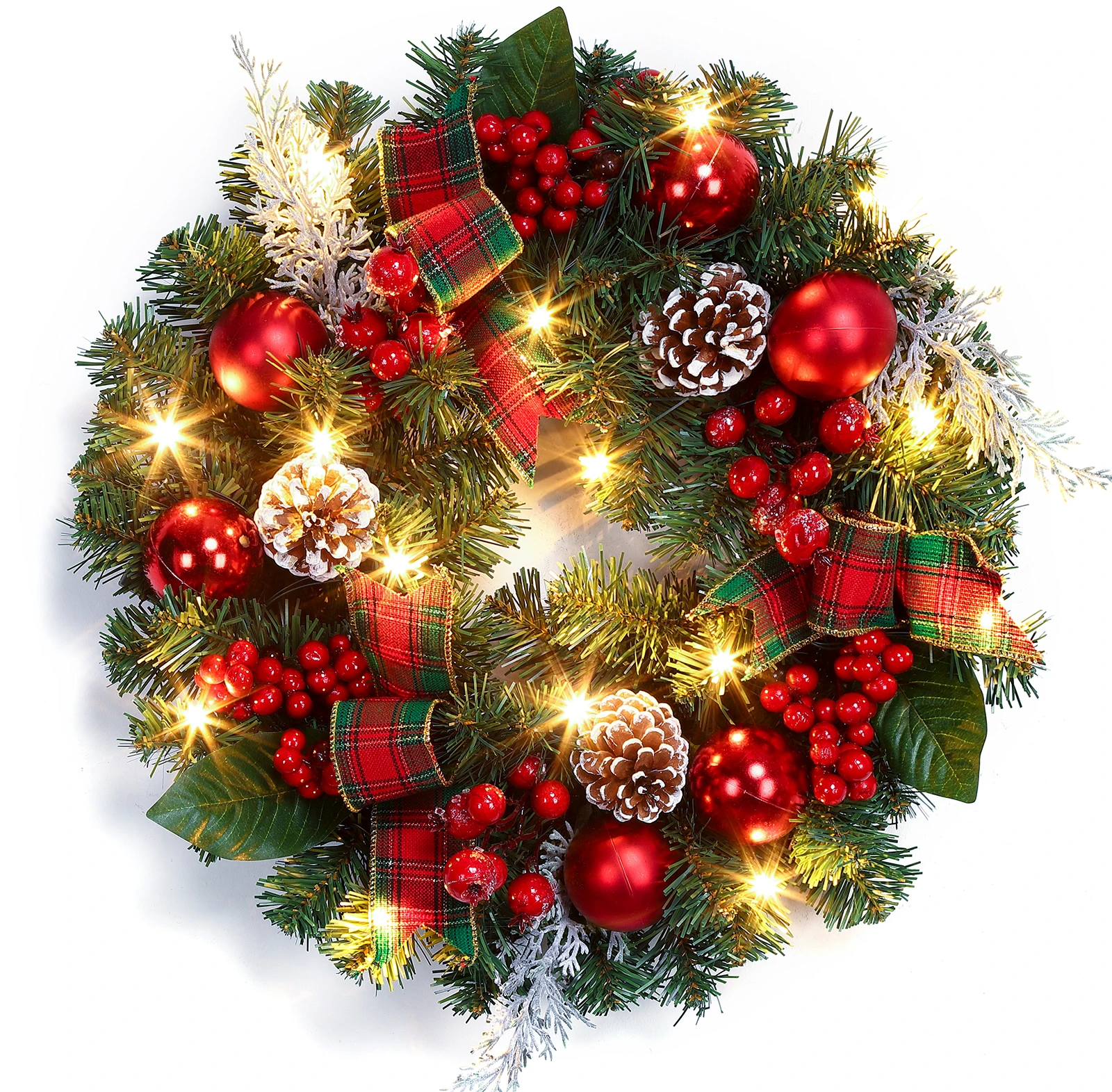 Couronne de Noël de 45 cm avec 15 lumières LED Guirlande pré-éclairée pour porte d'entrée avec baies de Noël Pommes de pin pour la décoration de fête de Noël