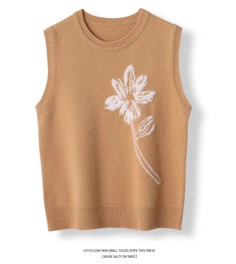 Autumn Winter Women's 100% Merino Wool Sweater O-neck Cashmere Pullover Sleeveless Basic Fashion Clothing Comfort Knitwear Tops