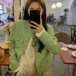 Autumn Roupas Femininas Imported Sheepskin Retro Gold Buckle O-neck Short Casacas Para Mujer White/Green Genuine Leather Jacket