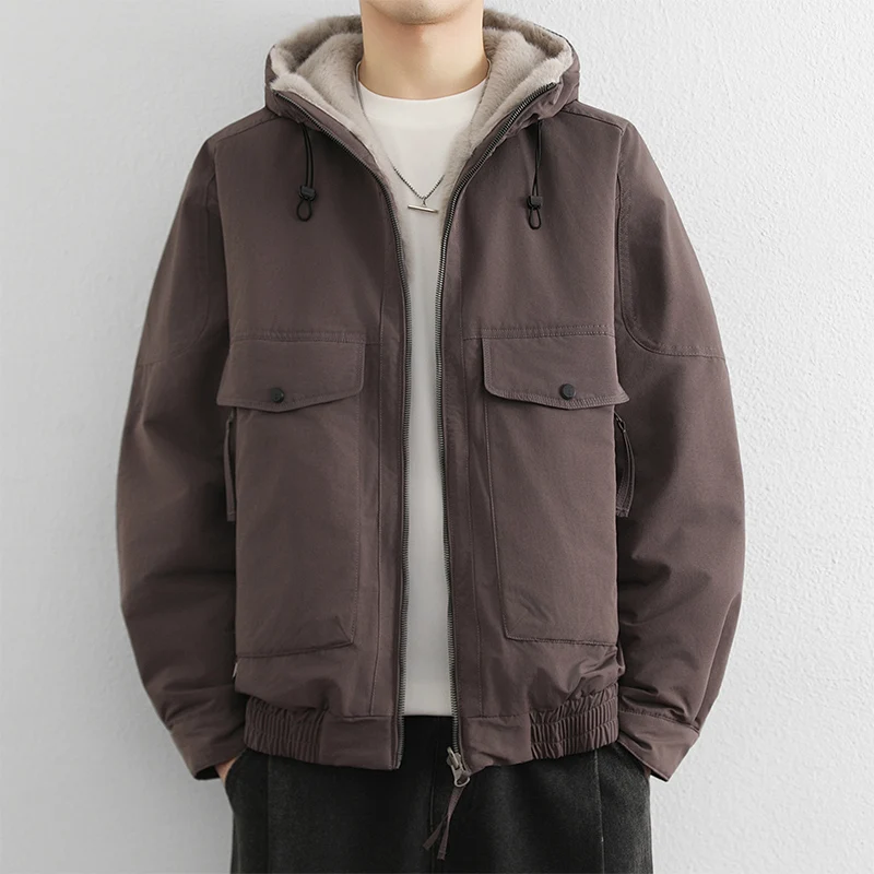Fashion Men\'s Mid-Length Hooded Fleece Jackets Winter Windproof Fur Collar Thick Plush Coats Youth Streetwear Warm Padded Parkas