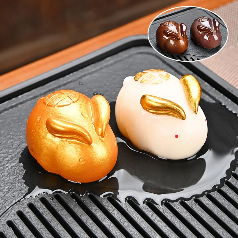 Color-Changing Tea Pet White Rabbit Golden Rabbit Tea Table Accessories Color-Changing When Heated, Decoration Ornaments