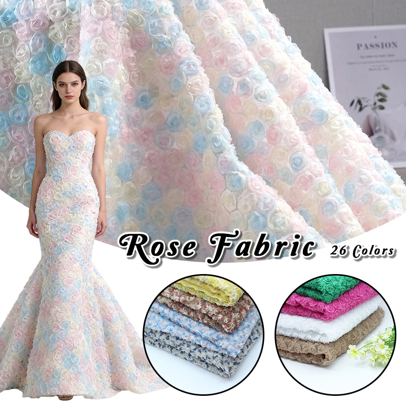Luxury 3D Rose Embroidered Tulle Fabric Flower Mesh Lace for Wedding Dress Bridal Gown DIY Sewing Material Costume Decor1 Yard