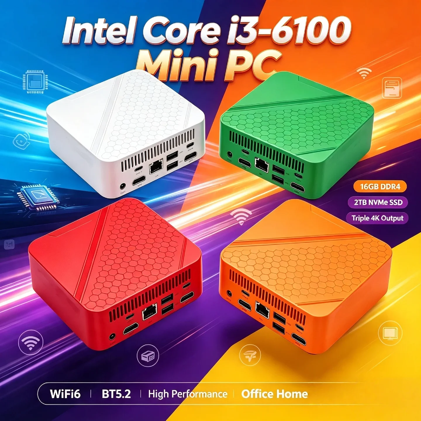 Intel Core i3 6100 Mini Desktop 16GB DDR4 2TB NVMe SSD High Performance Triple 4K Output WiFi6 BT5.2 Office Home Pro Student