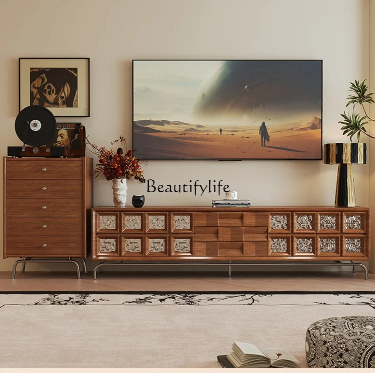 

*Vintage Style TV Cabinet Nordic Solid Wood French Retro Living Room Storage Floor Cabinet Integrated Storage Cabinet
