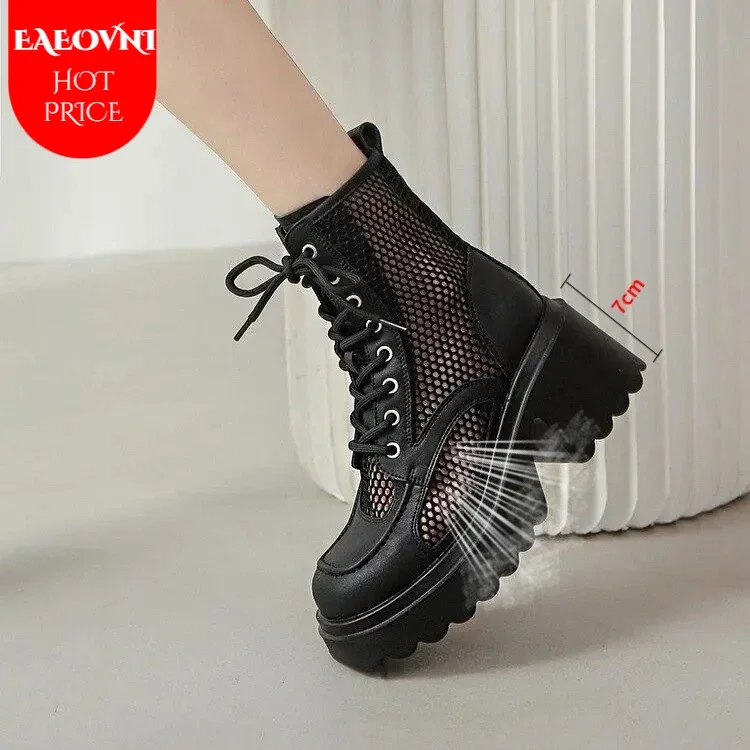 2024 New Summer Women\'s Martin Boots Thick Bottom Mesh Surface Breathable Hollow Out High Heel Slimming Square Toe Short Boots