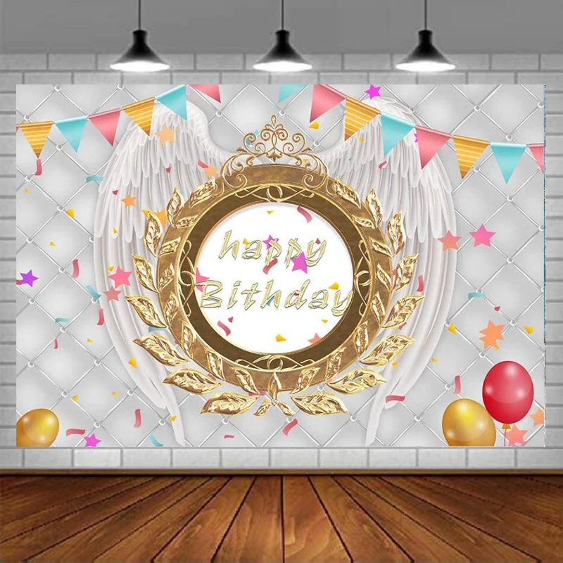 Angel Wings Photography Backdrop White Gold Mirror Background Balloons Ribbons Stars Happy Birthday Party Decor Banner Photo