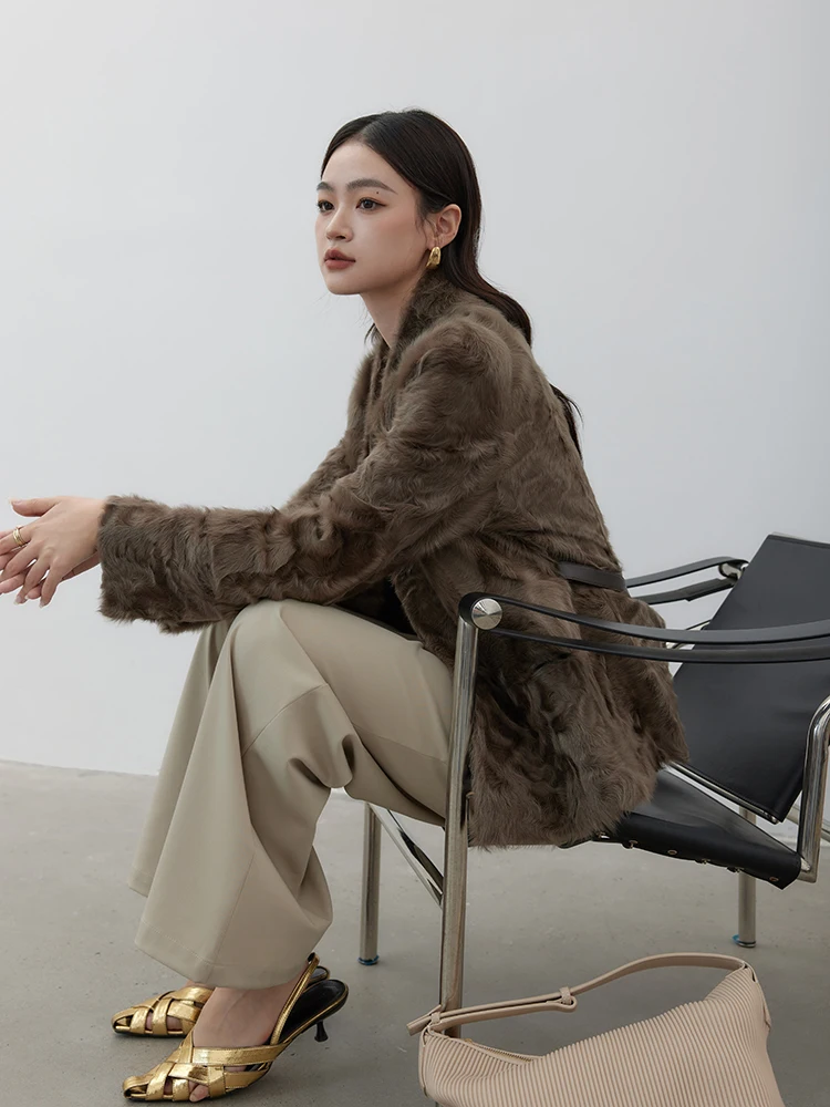 Vestes de luxe en cuir d'agneau véritable pour femmes, haut de gamme, Simple, Double face, Design, col en v, manteau d'hiver en vraie fourrure avec ceinture