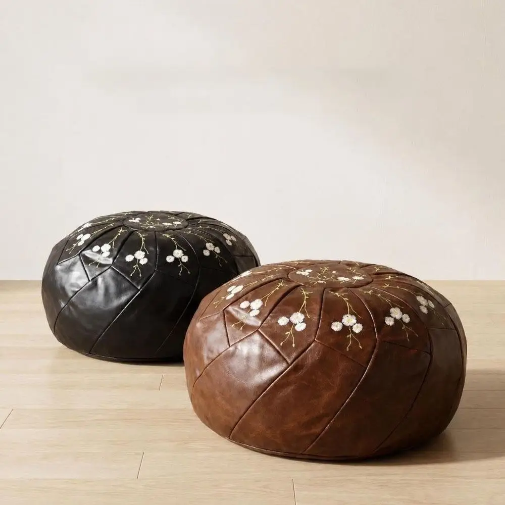 New Unstuffed Pouf Ottoman PU Leather Fillable Round Pouf Cover Large Opening Daisy Embroidery Footstool Cover Home Use