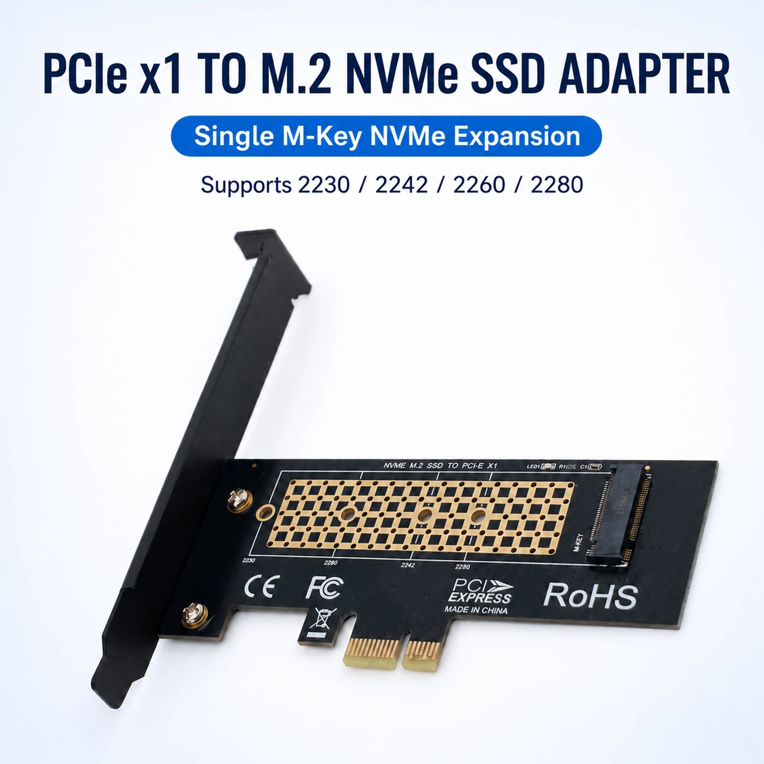 PCIe X1 to M.2 NVMe SSD Adapter Card, Supports 2230 2242 2260 2280, Fits X1 X4 X8 X16 Slots for Desktop PC Expansion