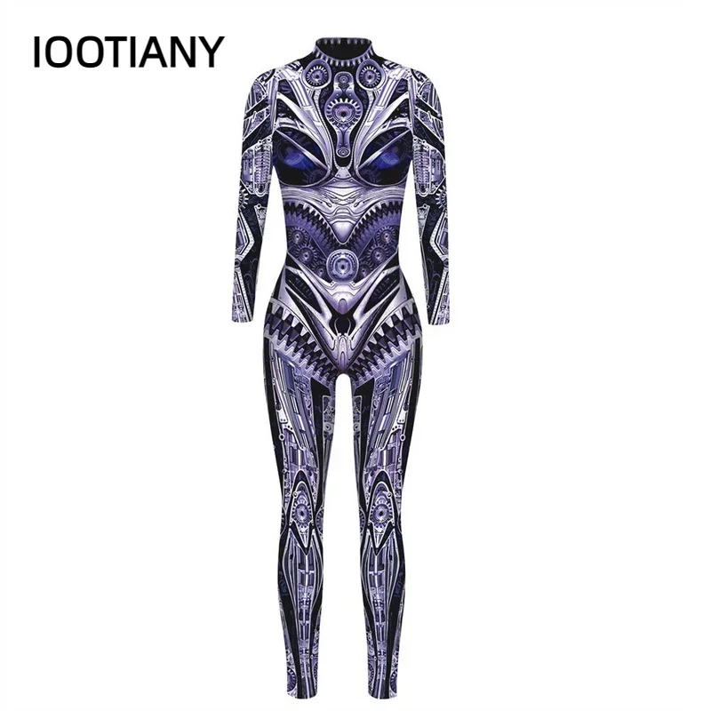 IOOTIANY Retro Robot Punk Style Print Cosplay Costume Women/Men Jumpsuit Bodysuit Adult Carnival Party Halloween monos mujer