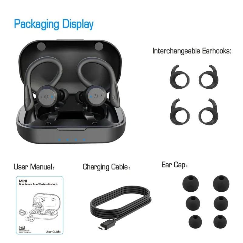 Earphone High Power Mini Sports Headphones Noise Cancelling in-ear Bluetooth Headset IPX7 Stereo Earbuds 20 Hours Head Phones