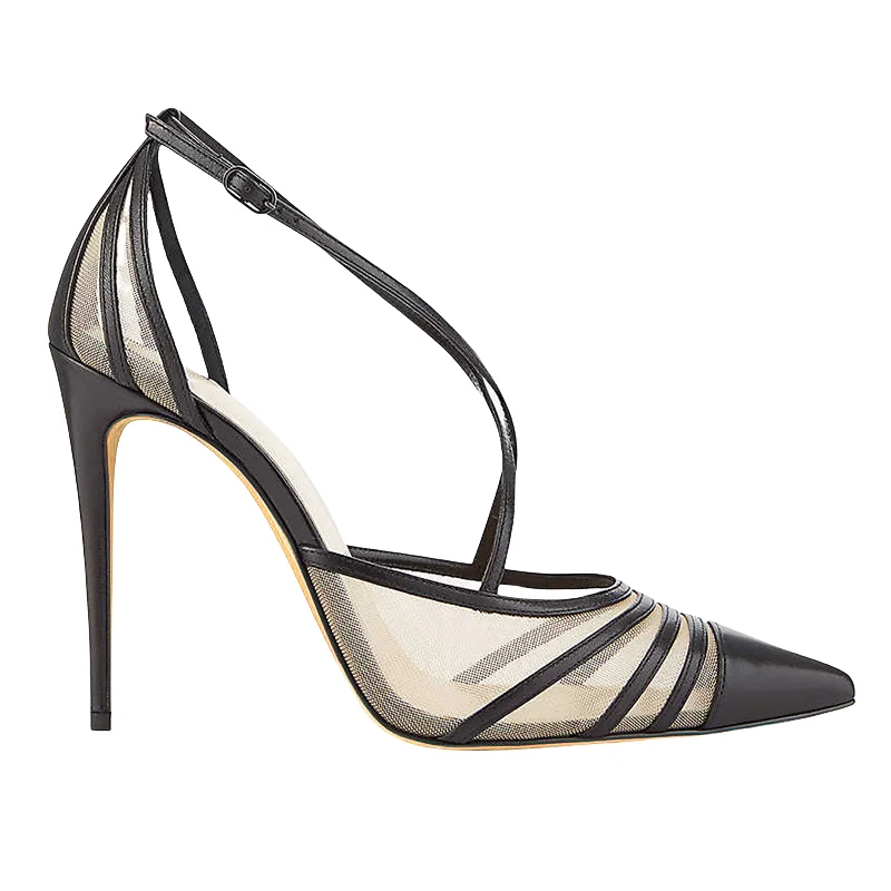 2025 New Woman Black Leather Air Mesh Patchwork Pointed Cross Strap Hollow Stiletto Heel Summer Sandals Party Dress Pumps Shoes