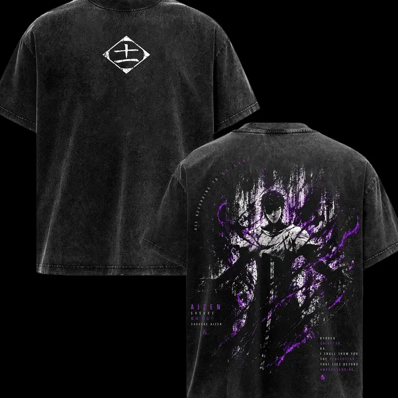 Hot Anime BLEACH Aizen Sousuke Print T-shirt Men Women Short Sleeve Clothing Cotton Tshirt Retro Washed T Shirt Summer Manga Top