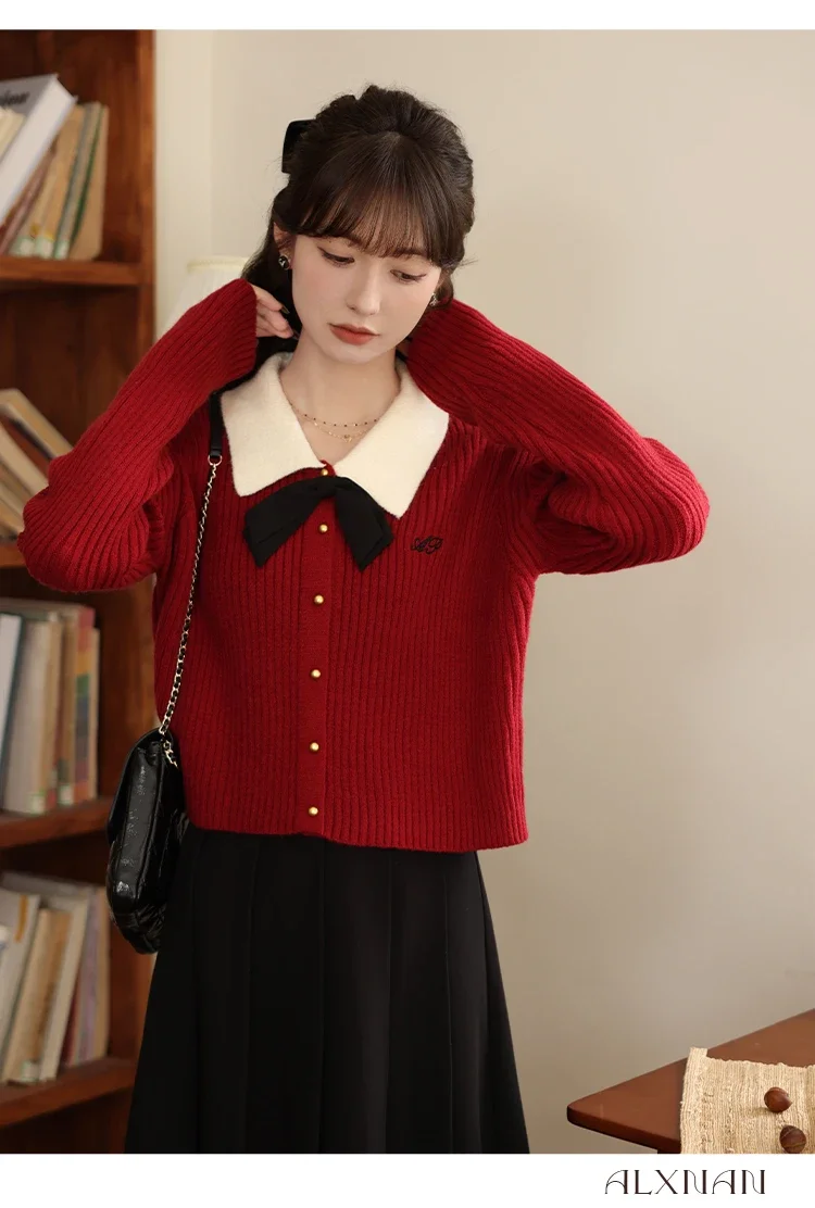 

ALXNAN Polo Collar Bow Letter Embroidery Knitted Pullovers 2024 Autumn Winter Elegant Long Sleeve Knit Tops Knitwear LXN31750